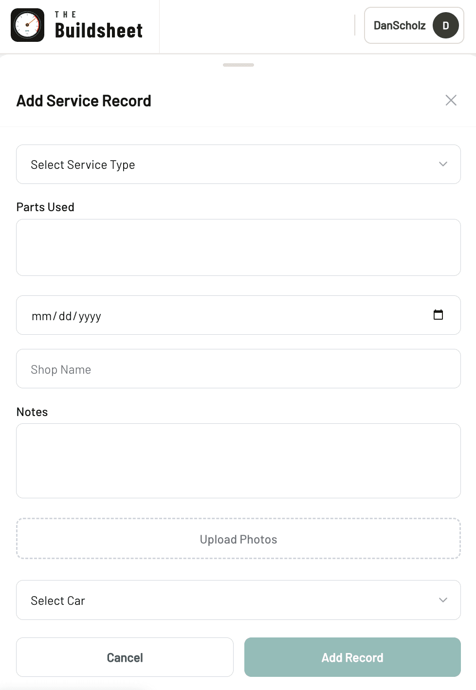 The Buildsheet — Adding a service record on mobile
