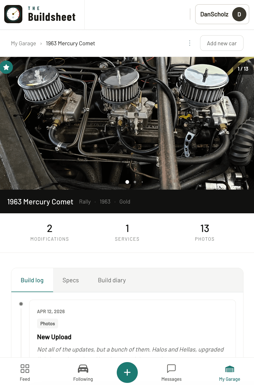The Buildsheet — Build detail page with photos and modifications